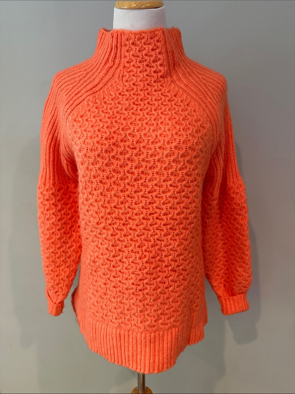 Anthropologie Bright Neon Orange Cable Mock Neck Sweater